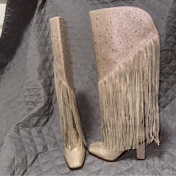 Jessica Simpson Asire2 Champagne Fringed Western Heeled Rhinestone Boots Size 7 - Picture 4 of 11